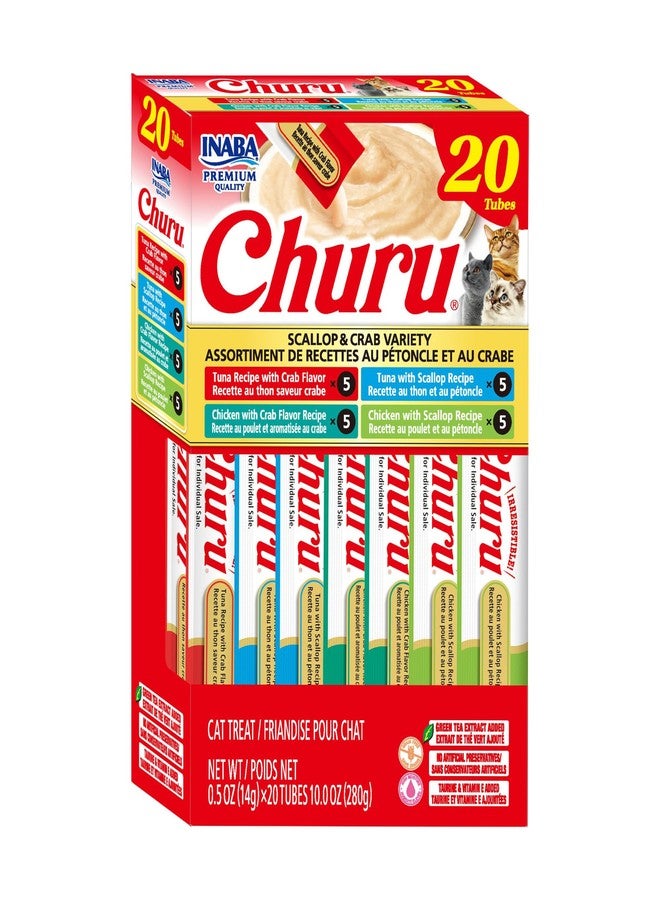 INABA Churu Cat Treats, Lickable, Squeezable Creamy Purée Cat Treat with Green Tea Extract & Taurine, 0.5oz. Each Tube, 20 Tubes, Scallop & Crab Variety